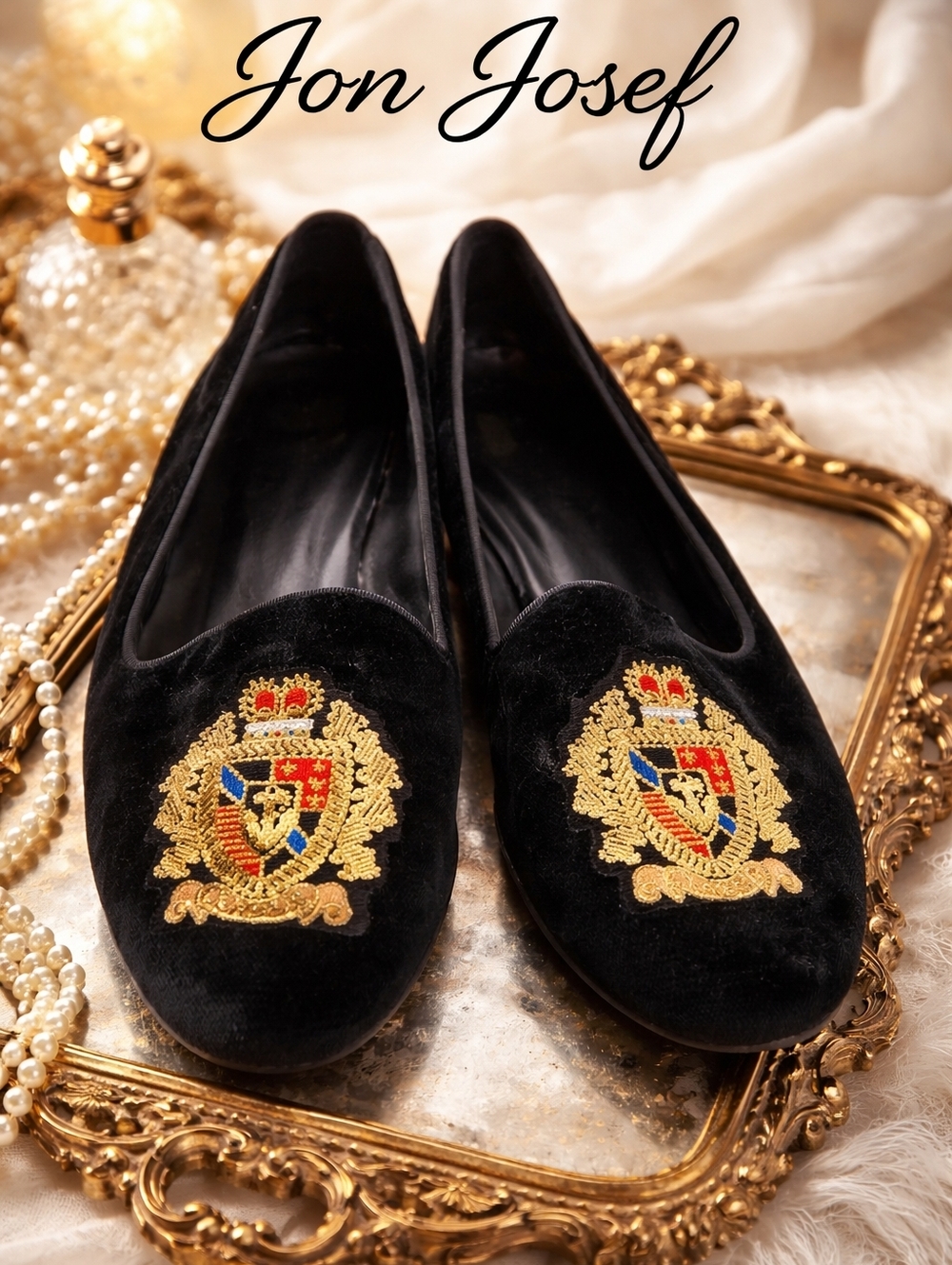 Jon Josef Black Velvet Smoking Slippers Crest Embroidered Loafers Flats 7.5